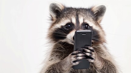 Obraz premium Happy Raccoon with Smartphone