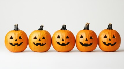 Five pumpkins for Halloween lined up on a white background