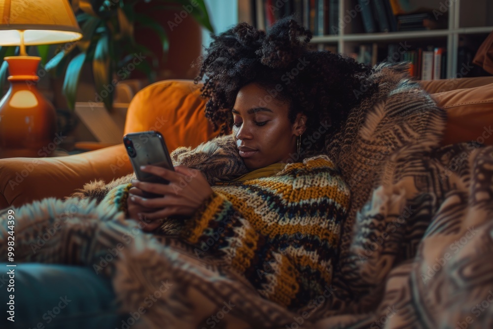 Poster a person is seated on a sofa, using a mobile device