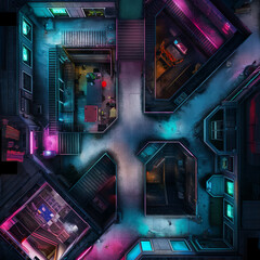 Obraz premium Neon-Lit Cyberpunk Battle Map for DnD, Top-Down View RPG Map for Futuristic Urban Adventures, Sci-Fi City Background for Virtual Tabletop Play, High-Tech Digital Asset for Role-Playing Game Campaigns