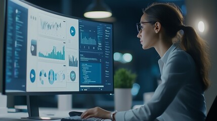 Analyst or data scientist closely examining financial data graphs and business analytics displayed on computer monitor in dark corporate office setting  Concept of data driven decision making