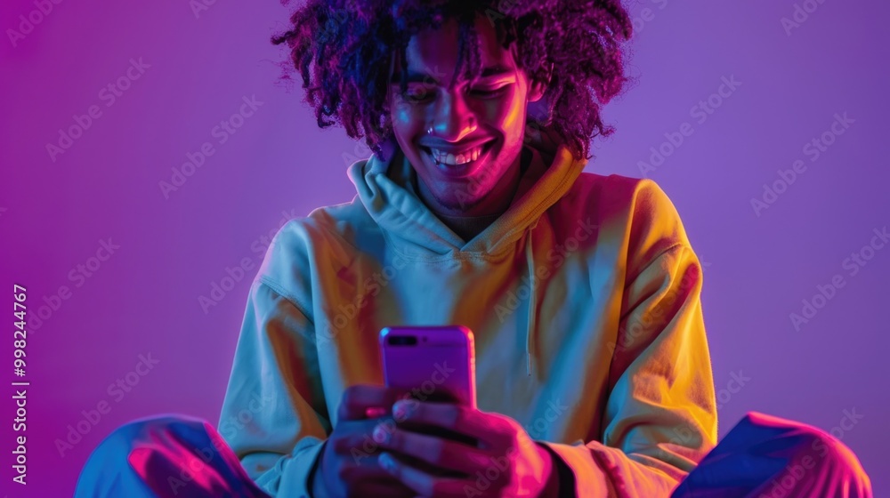 Poster a person sits on a bed holding a cell phone, possibly checking messages or browsing the internet