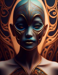 A bald female goddess with a blue head and gold jewelry. AI is created.