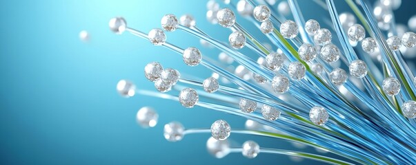 An abstract representation of digital connections, featuring luminous strands and spheres against a soft blue background.