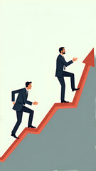 Two Businessmen Climbing Up Red Arrow, Symbolizing Financial Growth and Professional Progress