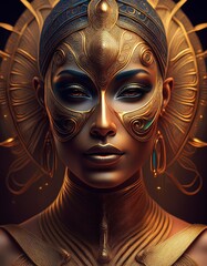 A female goddess with dark hair and gold jewelry. AI created.