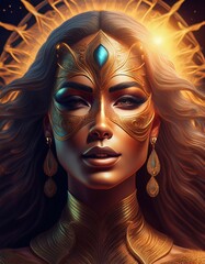 A brown-haired female goddess with gold jewelry. Hair develops. AI generated.