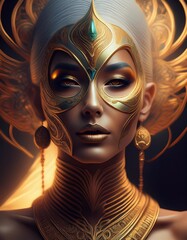 A female goddess with blonde hair and gold jewelry. AI generated.
