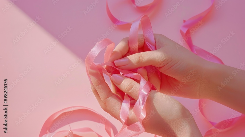 Sticker A person ties a pink ribbon around a pink rose, symbolizing support and appreciation