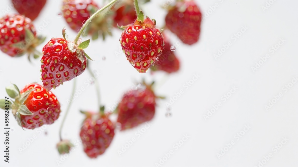Poster a cluster of ripe strawberries hangs from a green branch