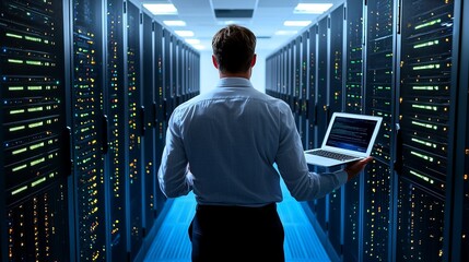 Fototapeta premium Technology professional working on a laptop while surrounded by rows of servers and network devices in a modern data center Concept of digital infrastructure data management