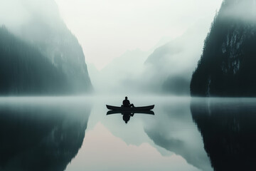 Serene boat ride on misty lake with cool blue hues