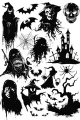 A set of spooky Halloween illustrations in black and white