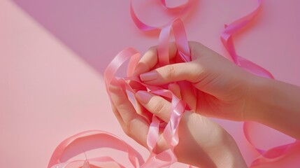 A person ties a pink ribbon around a pink rose, symbolizing support and appreciation
