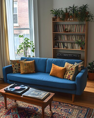 Modern Living Room with Blue Sofa and Plants