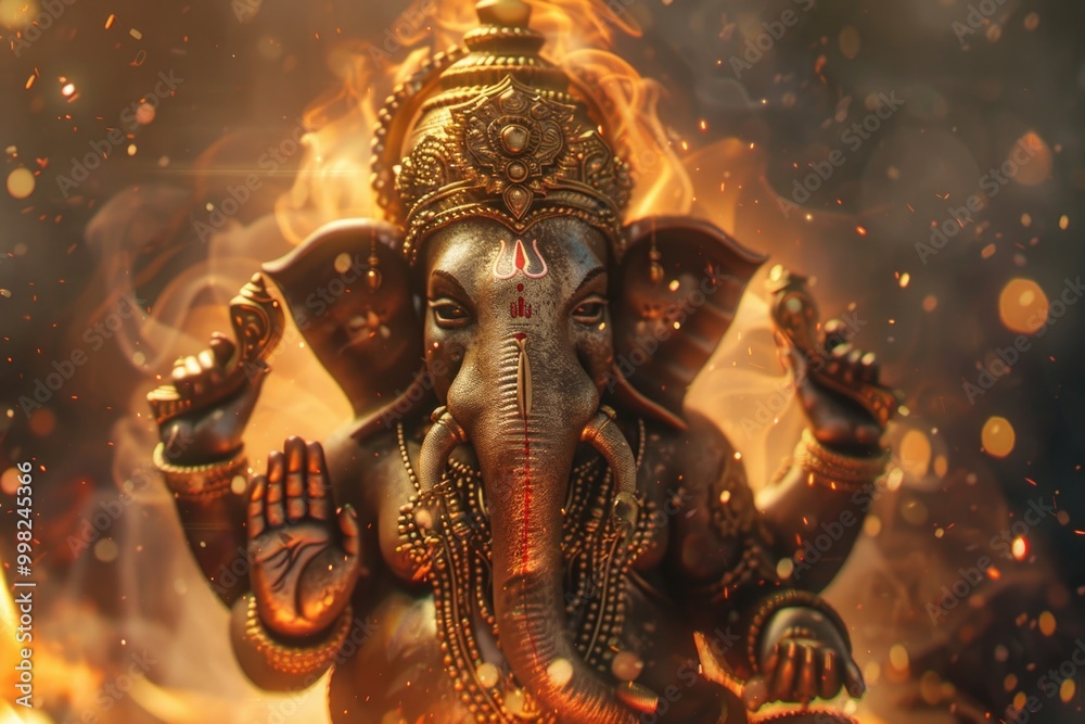 Poster a statue of an elephant surrounded by flames