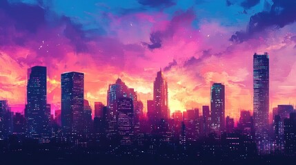 Fototapeta premium A panoramic view of a city skyline during twilight, with skyscrapers silhouetted against a colorful sky, symbolizing the beauty and allure of urban living.
