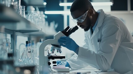 Scientist in white lab coat examining sample under microscope in a modern well equipped laboratory setting  Scientific research analysis and discovery concept