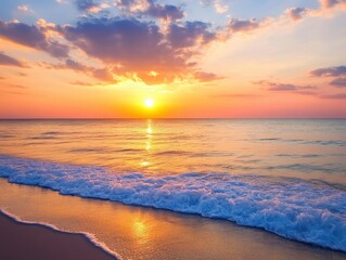 Obraz premium Sunset over tranquil ocean waves at the beach with golden hues reflecting on the water