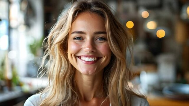 A young woman beams with joy in a quaint cafe filled with warm lighting and plants, creating a relaxed, inviting atmosphere for patrons.