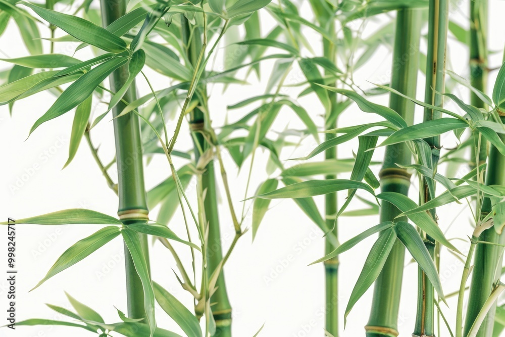 Poster a close-up view of a bamboo plant with green leaves, ideal for use in interior design or as a symbol