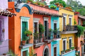 Naklejka premium A row of colorful buildings with potted plants on the balconies