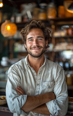 Fototapeta premium A man with a smile on his face is standing in front of a counter. He is wearing a white shirt and has his arms crossed
