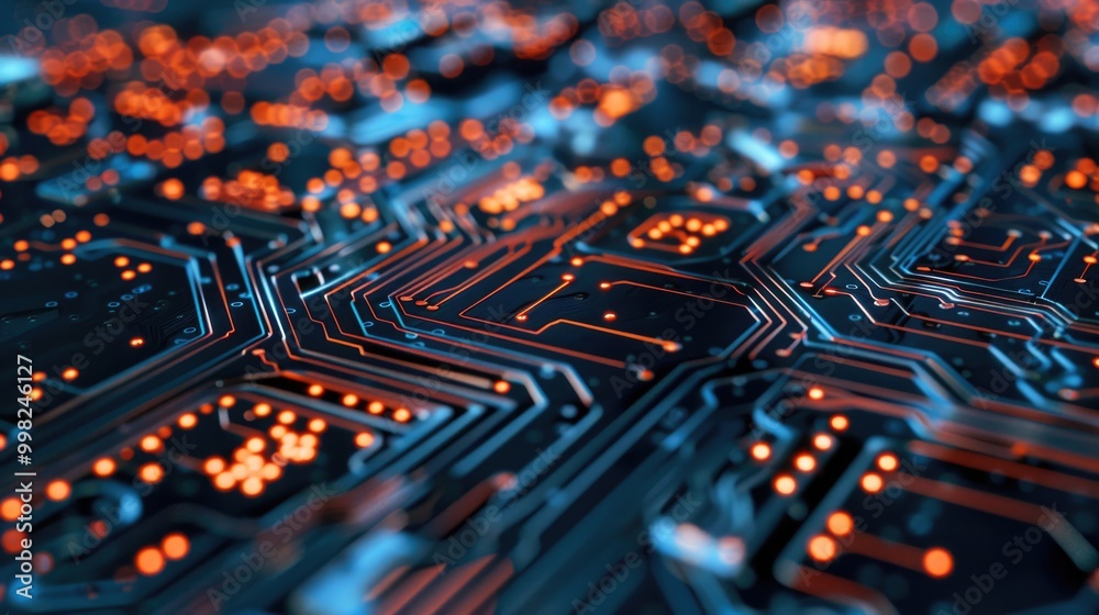 Poster A close-up view of a circuit board featuring bright orange lights, useful for technology or electronics related concepts