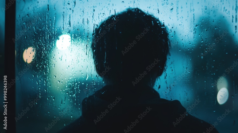 Fototapete a solitary figure stands by a window, lost in thought as raindrops cascade down the glass, creating 