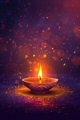 A lit diya on a purple background with bokeh, great for spiritual or cultural-themed designs