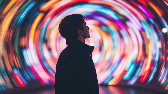 A viewer admires a colorful, swirling light display during an immersive evening event