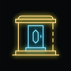 Glowing neon sign representing a modern building entrance with a canopy and a door, on a black background