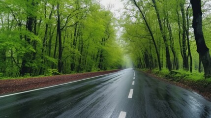 Obraz premium Rainy Road through Lush Green Forest