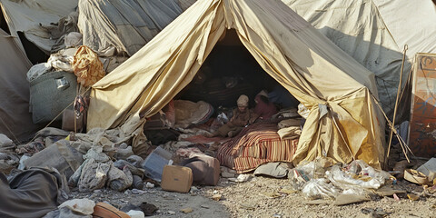 Displaced People: Refugee camp tents, discarded possessions, weary survivors.