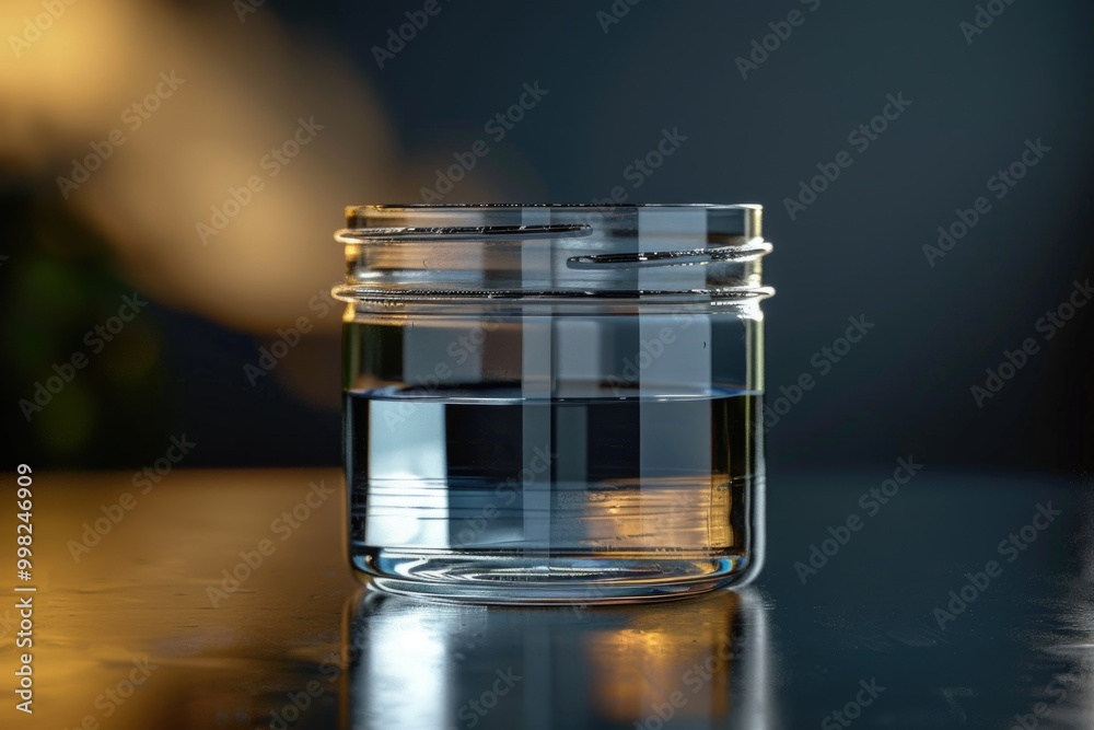 Poster a clear glass jar filled with water sits on a table, perfect for use in illustrations about simplici