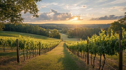 Obraz premium A picturesque southern vineyard bathed in soft evening light, with rows of grapevines leading toward a stunning sunset, capturing the essence of wine country.