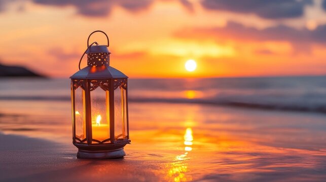 A picturesque sunset scene featuring a lantern on the beach, with the warm glow reflecting on the water, creating a romantic and tranquil setting.