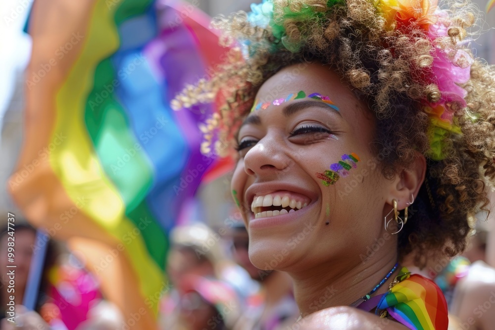 Poster a woman with a vibrant rainbow painted on her face, perfect for creative projects and adding a pop o