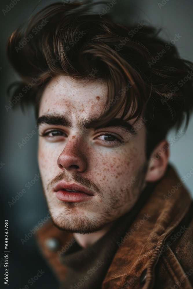 Poster close-up portrait of a person with distinctive freckles, suitable for editorial or commercial use