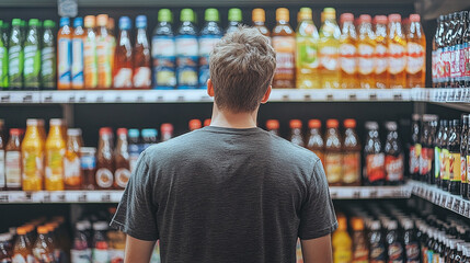 A man carefully selects drinks from a variety of options on store shelves