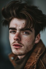 Obraz premium Close-up portrait of a person with distinctive freckles, suitable for editorial or commercial use