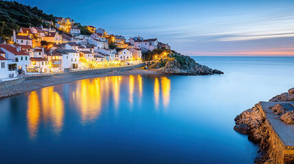 Obraz premium Blue hour sky over a quiet coastal village, perfect for capturing the charm and tranquility of seaside living in real estate ads.