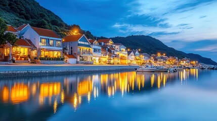 Fototapeta premium Blue hour sky over a quiet coastal village, perfect for capturing the charm and tranquility of seaside living in real estate ads.