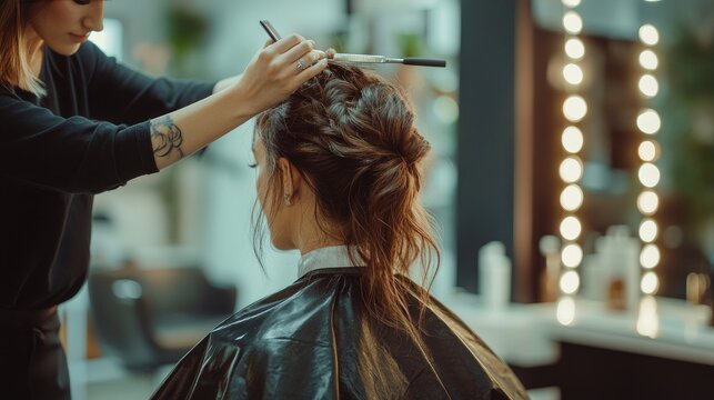 A professional stylist working on a woman hair in a modern salon, using high-quality tools and products, capturing the process of creating stunning hairstyles.
