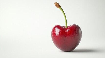A Single Red Cherry with a Green Stem and Brown Tip on a White Background