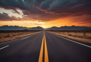 Naklejka premium Empty asphalt road with white lane markings, surrounded by a dramatic sky with orange and yellow sunset colors, and distant mountains in the background