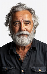 Fototapeta premium A man with a beard and gray hair is smiling. He is wearing a black shirt and a black tie