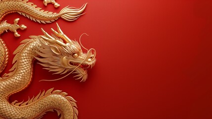 Obraz premium A golden Chinese dragon figurine on a red background with copy space.