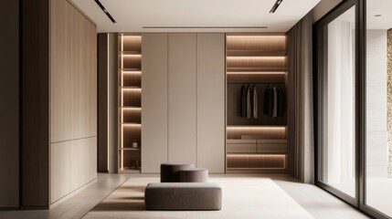 Fototapeta premium A minimalist wardrobe design in a contemporary apartment, featuring sleek lines, neutral colors, and a combination of open shelving and closed storage for a tidy look