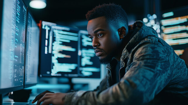 A Black cyber security analyst evaluating digital threats in a tech office, emphasizing the critical need for diversity in technology roles. Showcasing expertise in the field